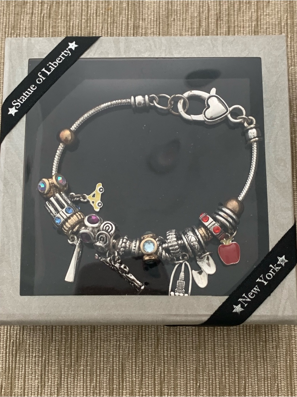 Silver-tone New York Charm Bracelet with Red and Multicolor Accents